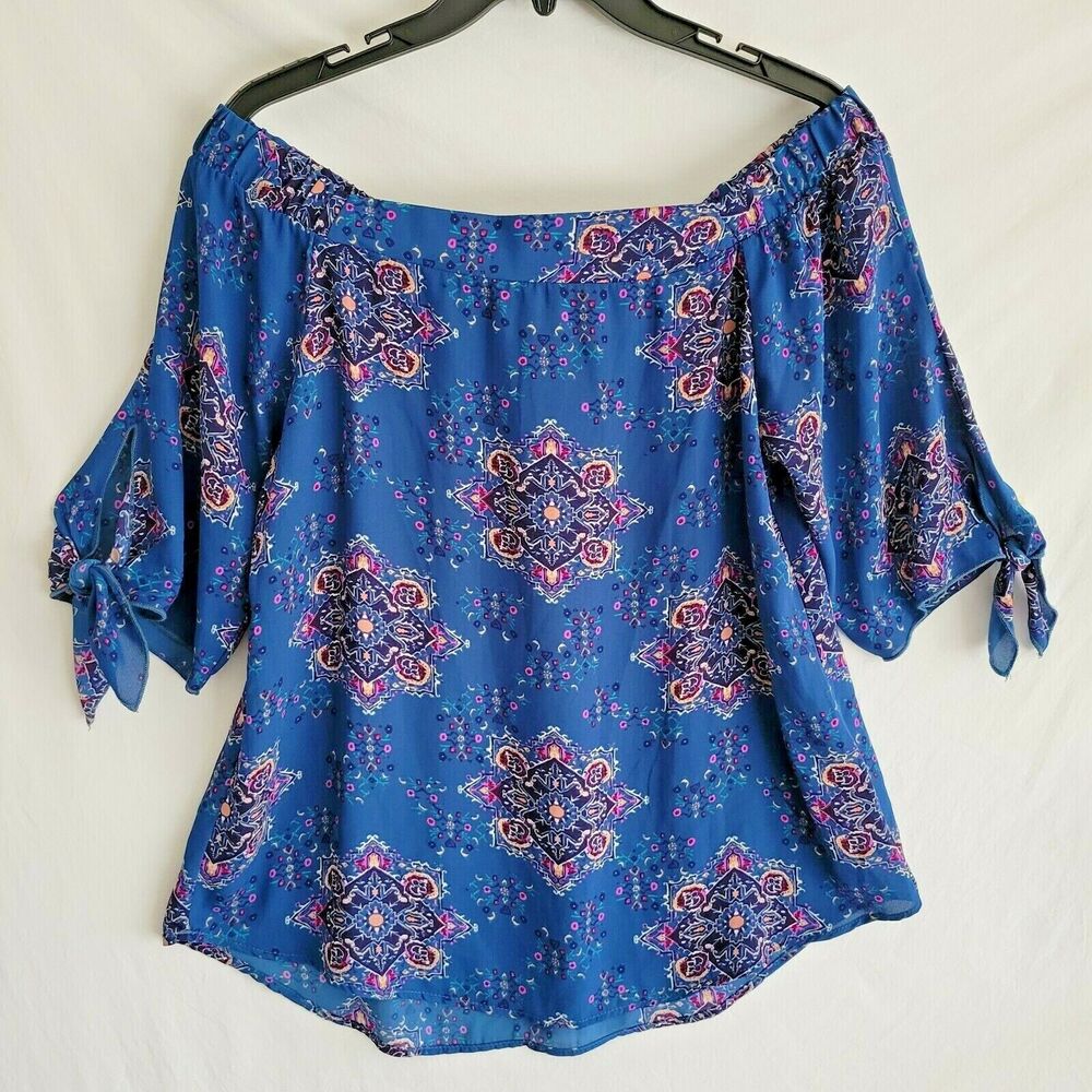Reneec Blouse Blue Geometric Print Off The Shoulder Tie Sleeve Detail Medium